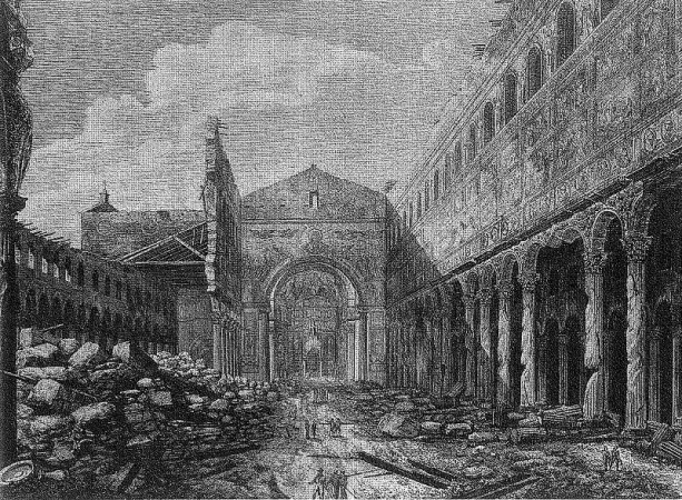 L'interno della basilica subito dopo l'incendio da una stampa di Luigi Rossini |  | Wikipedia