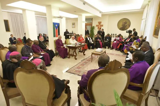Papa Francesco conclude il ritiro dei leader del Sud Sudan, Casa Santa Marta, 11 aprile 2019 |  | Vatican Media / ACI Group