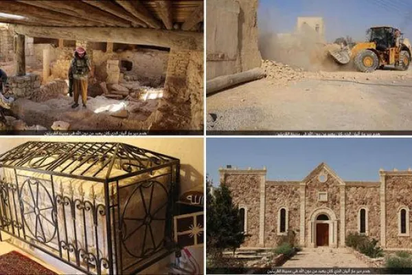 Immagini della distruzione del monastero di Mar Elian da parte dell'ISIS e come era prima della profanazione / Twitter