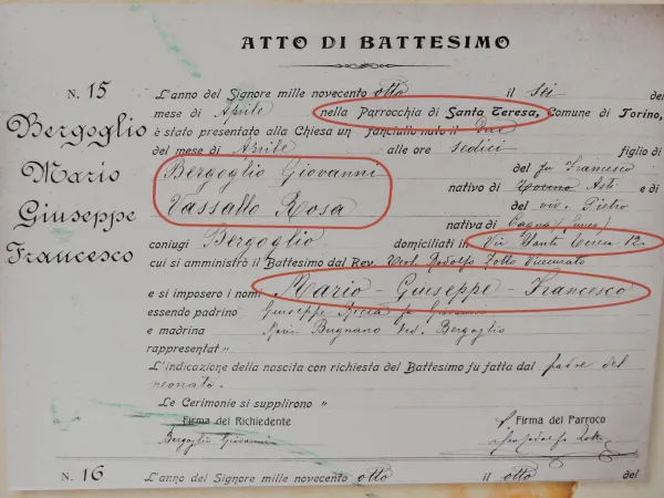 L'atto di Battesimo del papà di Jorge Mario Bergoglio |  | Marco Mancini - Aci Stampa