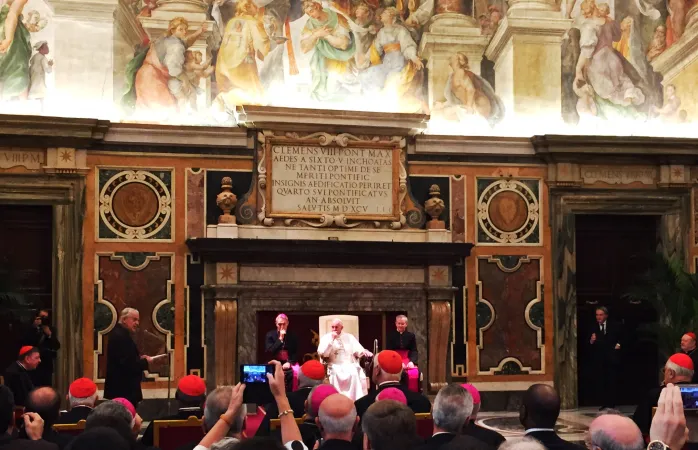 Papa Francesco al Premio Ratzinger | Papa Francesco presiede la cerimonia di conferimento del Premio Ratzinger 2016, Sala Clementina, 26 novembre 2016  | Angela Ambrogetti / ACI Stampa 