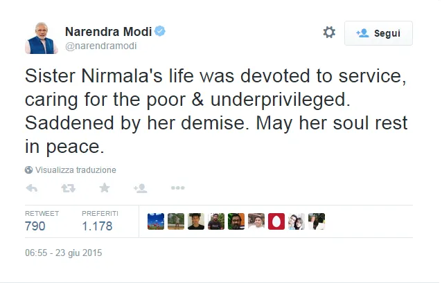 Il cordoglio su Twitter del primo ministro indiano Modi |  | Twitter - @narendramodi