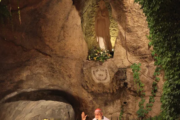 Il Cardinale Angelo Comastri, arciprete della Basilica di San Pietro, pronuncia l'omelia nella Grotta di Lourdes nei Giardini Vaticani, 31 maggio 2018 / Julia Wächter / ACI Group 