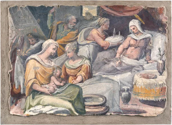 Autore non identificato. Nascita della Vergine, 1600 ca. Dipinto murale. Dalle demolizioni della Chiesa di San Giacomo a Scossacavalli (primavera 1937 |  | Musei Capitolini