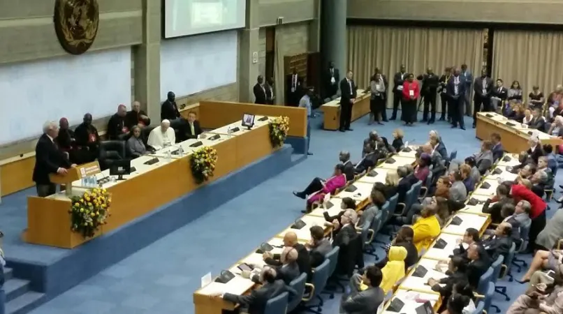 Papa Francesco negli uffici ONU di Nairobi | Papa Francesco negli uffici ONU di Nairobi, Kenya, 26 novembre 2015 | Martha Calderòn / ACI Prensa