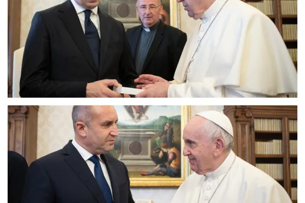 Papa Francesco con il presidente della Macedonia del Nord Pendarovski (sopra) e con il presidente della Bulgaria Radev (sotto), Palazzo Apostolico Vaticano, 27 maggio 2021 / Vatican Media / ACI Group