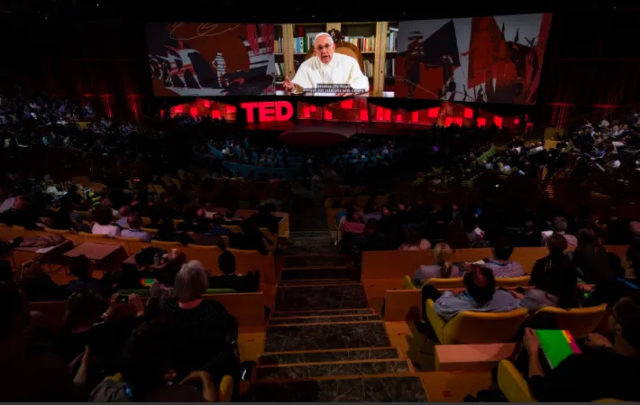 Papa Francesco alla TED Conference | Il videomessaggio di Papa Francesco proiettato alla TED Conference, Vancouver, 25 aprile 2017  | Ryan Lash / TED Conference - da http://blog.ted.com/the-making-of-his-holiness-pope-franciss-ted-talk/