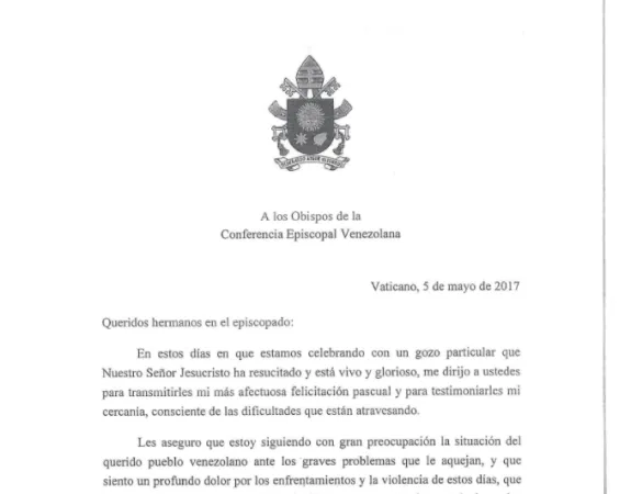 L'inizio della lettera indirizzata da Papa Francesco ai vescovi del Venezuela | CEV - www.cev.org.ve