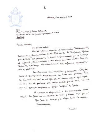 Lettera di Papa Francesco ai vescovi del Cile | La lettera che Papa Francesco ha inviato il 5 agosto alla Conferenza Episcopale del Cile  | Conferenza Episcopale Cilena