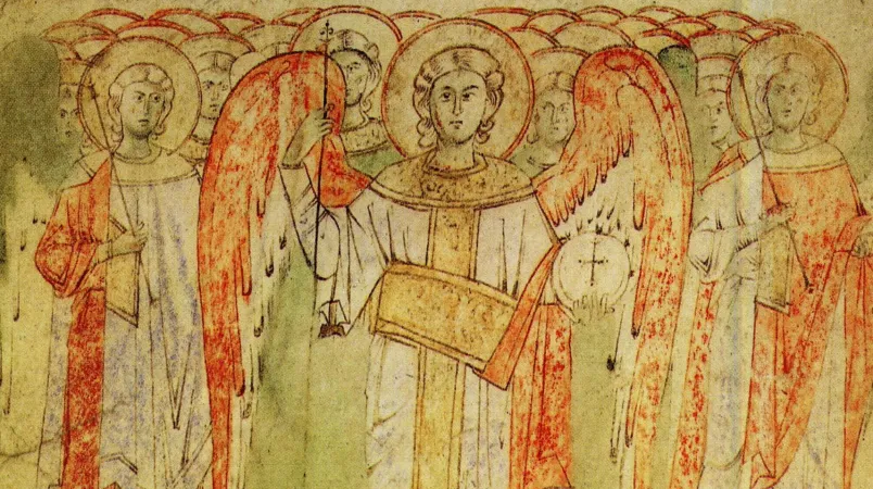 Un dettaglio della copertian l’arcangelo Michele, che protegge la Chiesa contro il male. È tratto da Exultet iam angelica turba caelorum, Ms Vat. Lat. |  | LEV