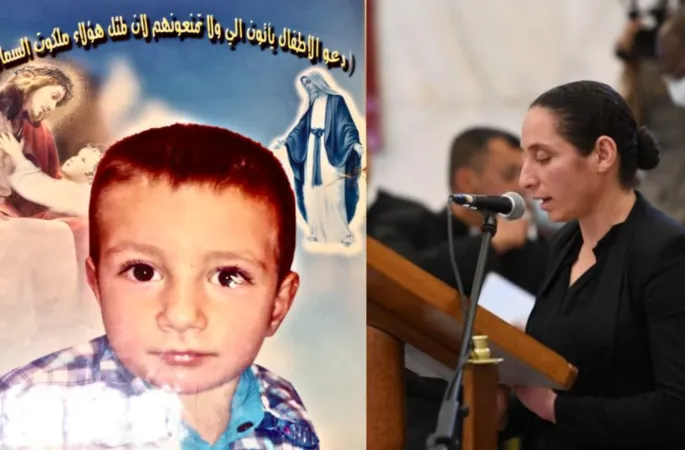La cartolina commemorativa raffigurante David, il bambino ucciso dall'Isis nel 2014 a Qaraqosh. Sua madre Duha Abdullah parla a Papa Francesco. |  | Raghed Ninwaya/ ACI MENA