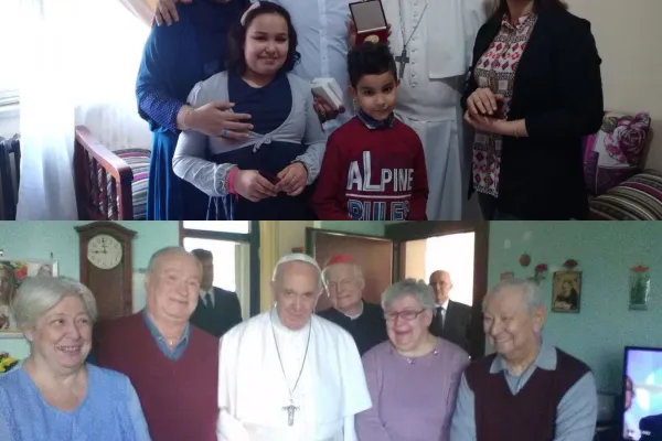 Le famiglie Milhoual e Oneta con Papa Francesco durante la visita nella loro casa / per gentile concessione delle famiglie delle case Bianche 