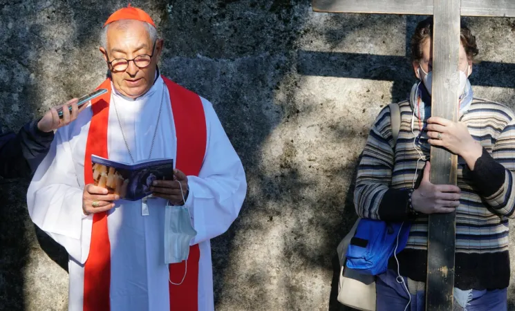 Cardinale de Donatis a Lourdes | Il Cardinale Angelo de Donatis, Vicario del Papa per la diocesi di Roma, guida una preghiera durante il pellegrinaggio diocesano a Lourdes, 25 agosto 2020 | Alan Holdren / ACI Group