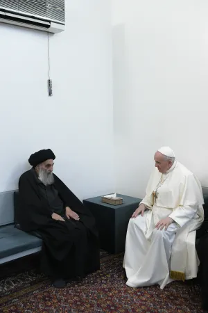 Papa Francesco in Iraq | L'incontro tra Papa Francesco e il Grande Ayatollah Ali Al Sistani, Najaf, 6 marzo 2021 | Vatican Media / ACI Group