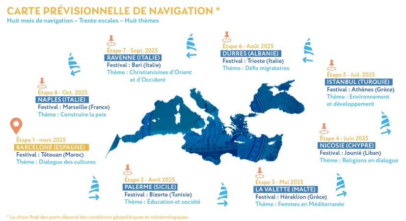 La carta di navigazione del MED 25 Odyssey - il Bel Espoir. |  | MED 25 Odyssey - il Bel Espoir.