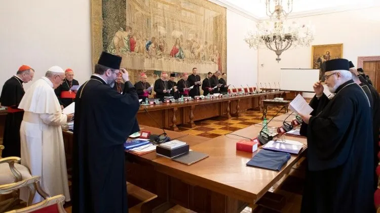 Papa Francesco e vescovi greco cattolici ucraini | L'incontro di Papa Francesco con il Sinodo e i metropoliti della Chiesa Greco Cattolica Ucraina il 5 luglio 2019 | Vatican Media / ACI Group