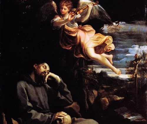 Pinacoteca Nazionale di Bologna, Guido Reni, San Francesco confortato da un angelo musicante | Pinacoteca Nazionale di Bologna, Guido Reni, San Francesco confortato da un angelo musicante | Credit pd