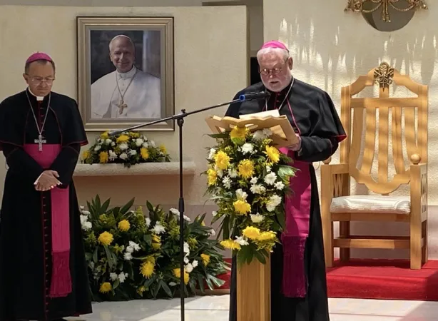 Arcivescovo Gallagher in Messico | L'arcivescovo Gallagher durante il discorso alla Festa del Papa presso la nunziatura apostolica di Città del Messico, 25 luglio 2025 | da X