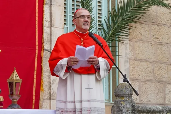 Il cardinale Pierbattista Pizzaballa legge il messaggio della Domenica delle Palme, Gerusalemme, 13 aprile 2025 / LPJ