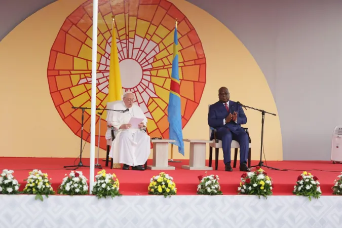 Papa Francesco, Kinshasa | Papa Francesco durante il discorso alle autorità diplomatiche, giardino del Palais des Nations, Kinshasa, 31 gennaio 2023 | Elias Turk / ACI Mena - EWTN News